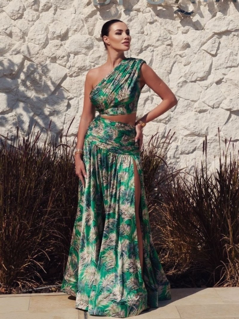 One Shoulder Tropical Print Gown H6835