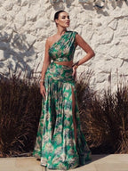 One Shoulder Tropical Print Gown H6835