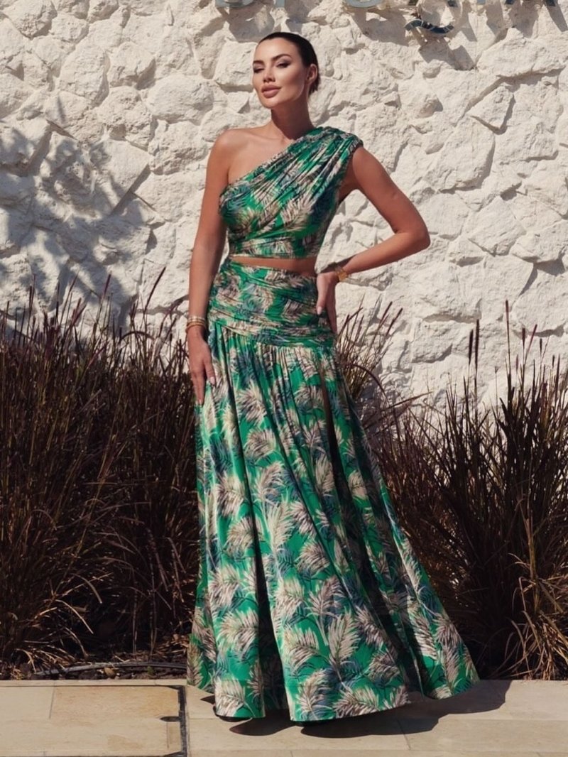 One Shoulder Tropical Print Gown H6835