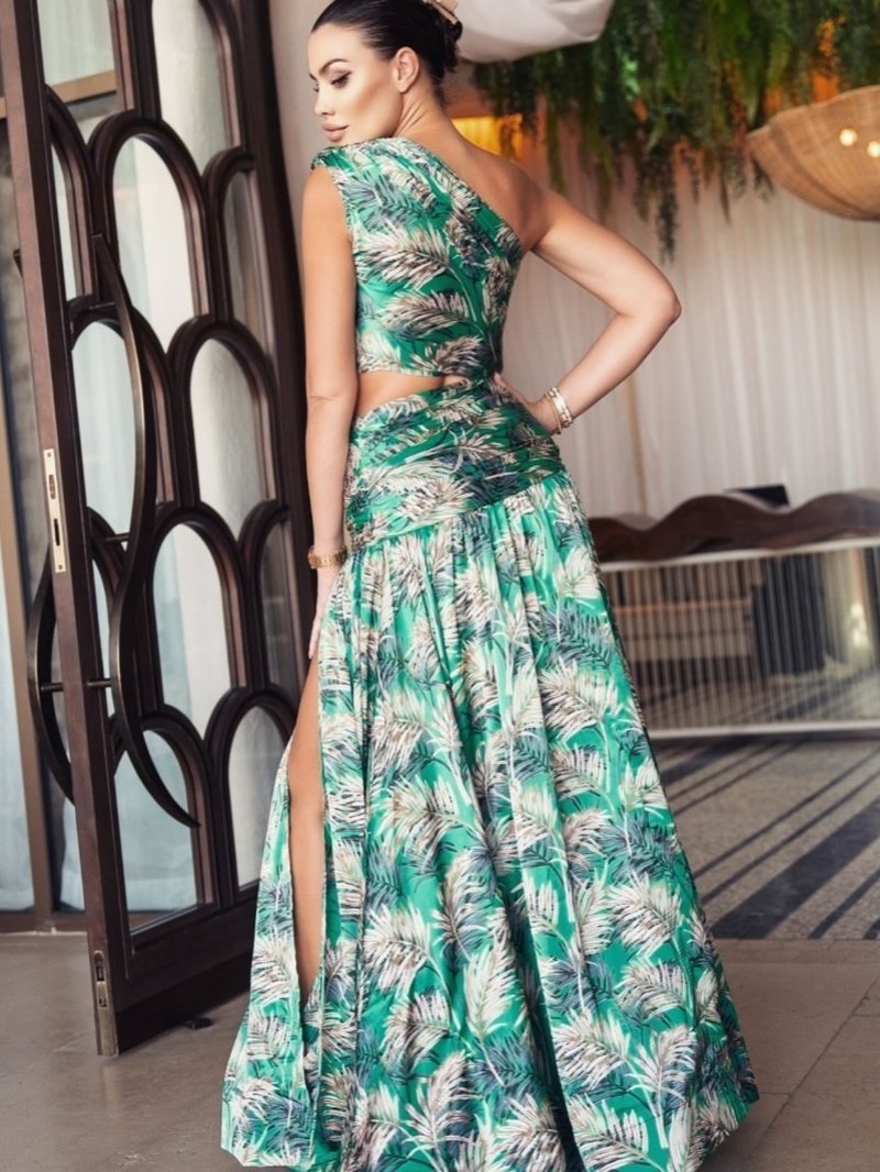 One Shoulder Tropical Print Gown H6835