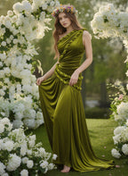 One Shoulder Velvet Grecian Maxi Dress H7112