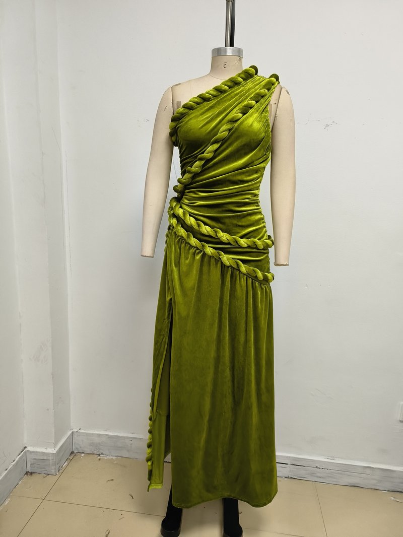 One Shoulder Velvet Grecian Maxi Dress H7112