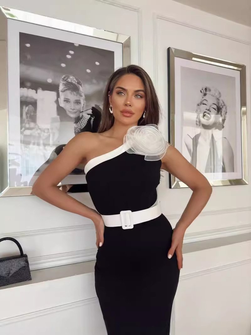 One Shoulder White Rose Bandage Dress H6458