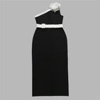 One Shoulder White Rose Bandage Dress H6458