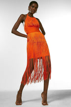Orange Fringe Halter Midi Dress H3905