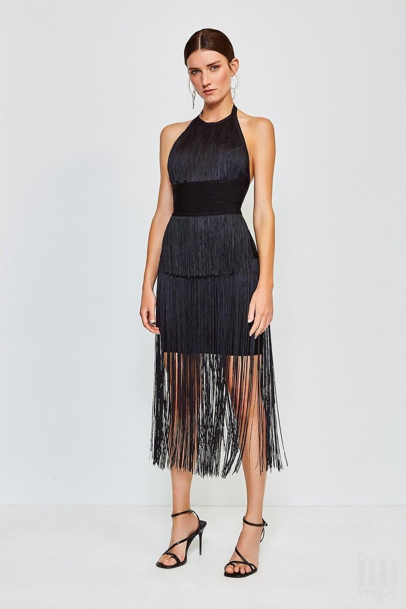 Orange Fringe Halter Midi Dress H3905