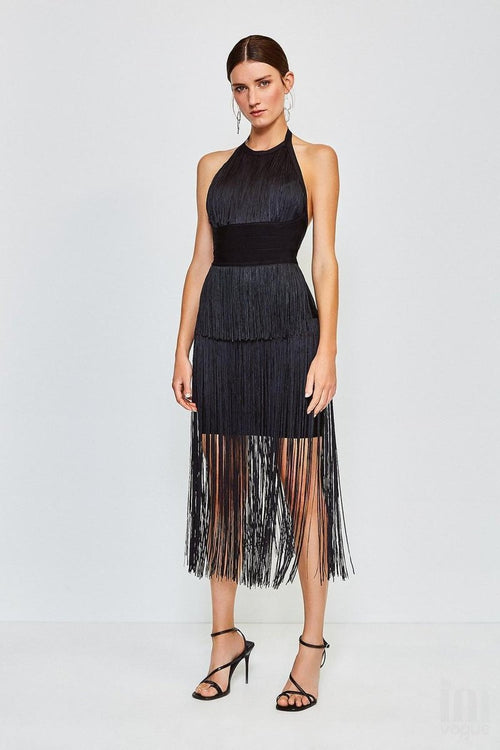 Orange Fringe Halter Midi Dress H3905