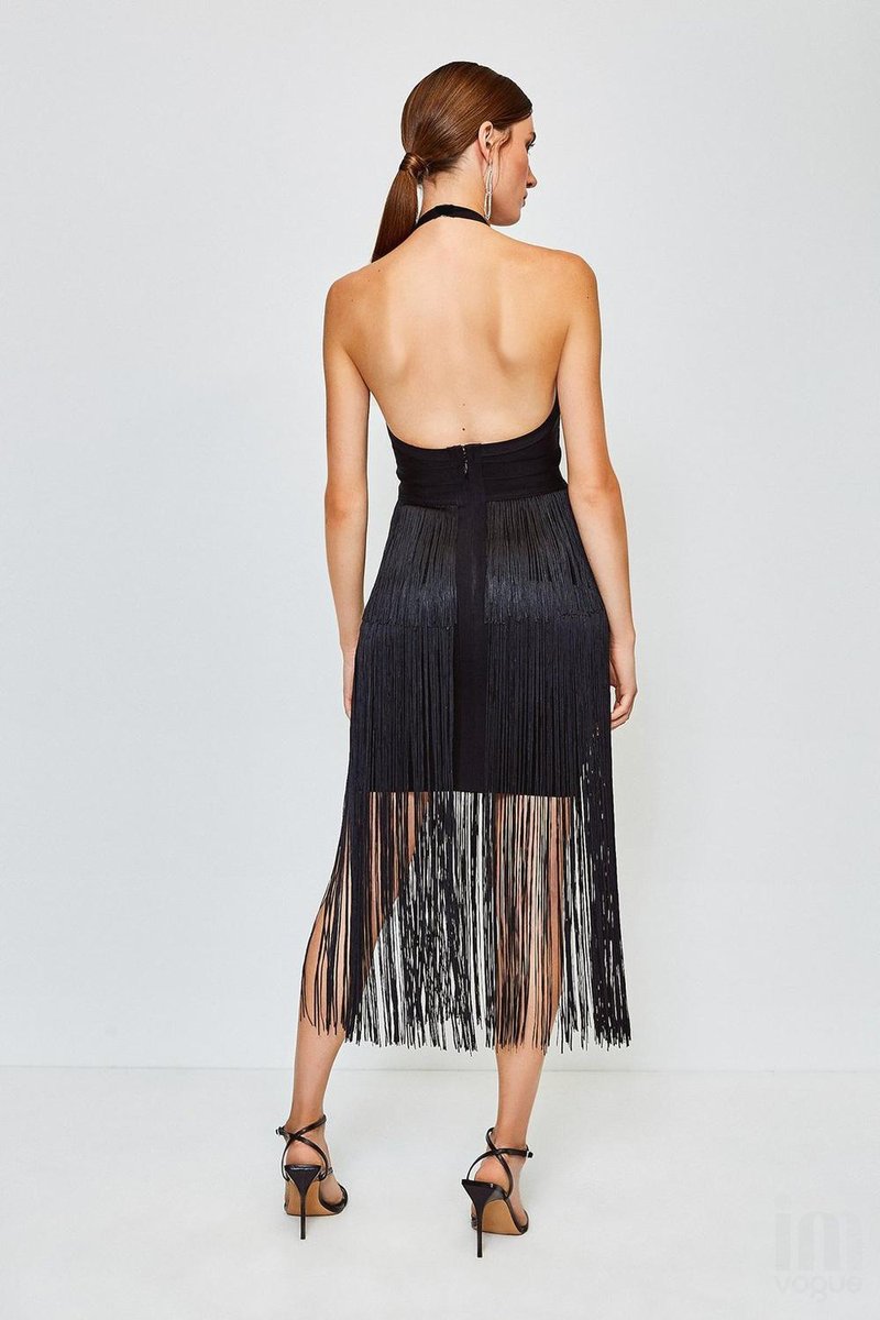 Orange Fringe Halter Midi Dress H3905