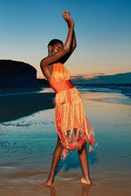 Orange Fringe Halter Midi Dress H3905