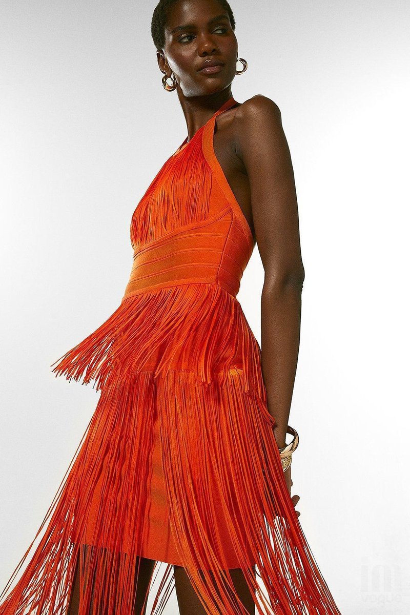 Orange Fringe Halter Midi Dress H3905