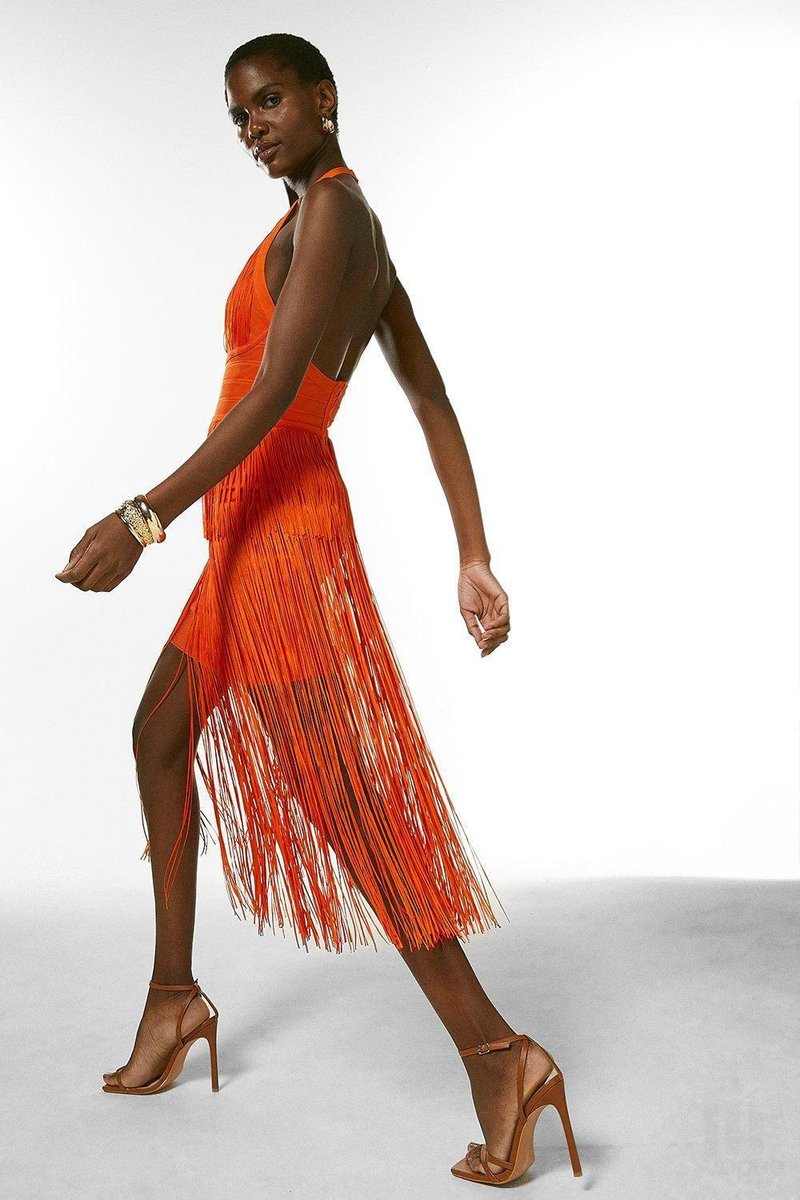 Orange Fringe Halter Midi Dress H3905