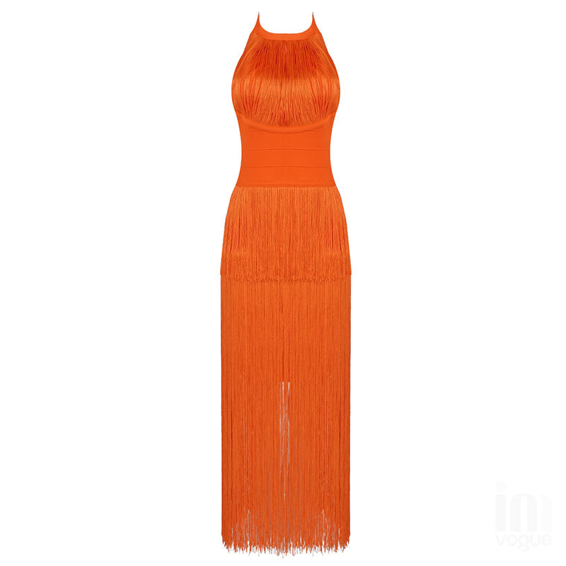 Orange Fringe Halter Midi Dress H3905
