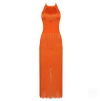 Orange Fringe Halter Midi Dress H3905
