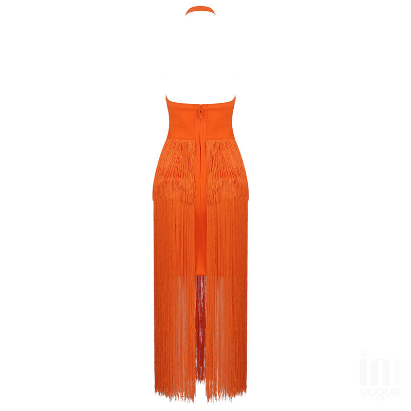 Orange Fringe Halter Midi Dress H3905