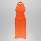 Orange Fringe Halter Midi Dress H3905