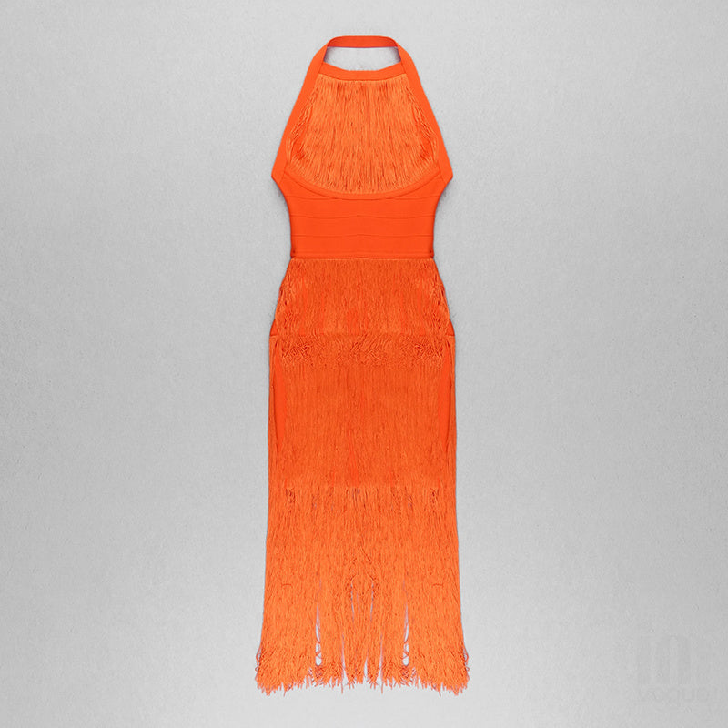 Orange Fringe Halter Midi Dress H3905