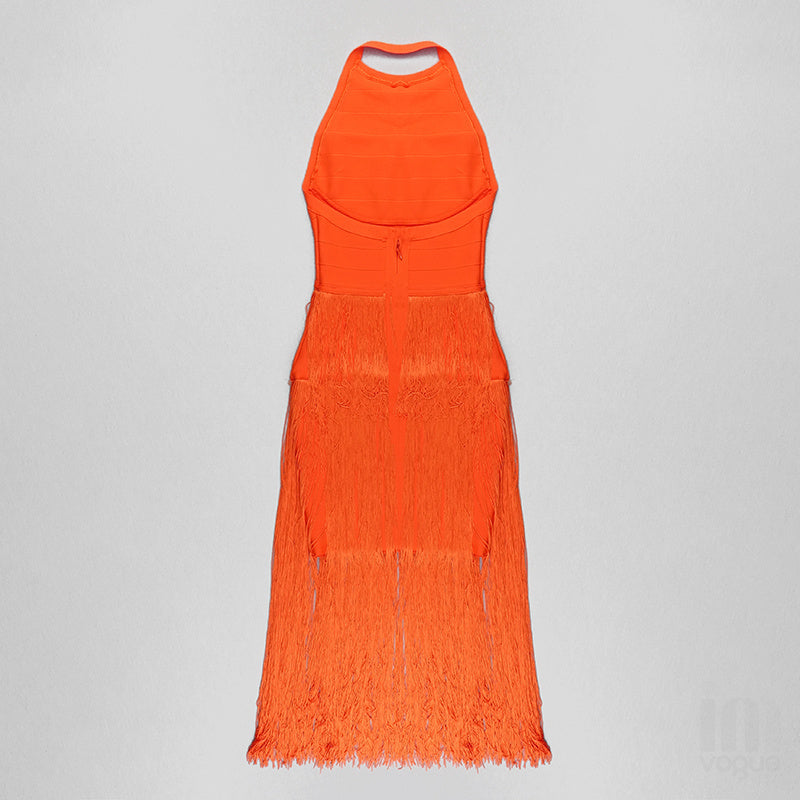 Orange Fringe Halter Midi Dress H3905