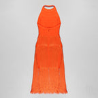 Orange Fringe Halter Midi Dress H3905