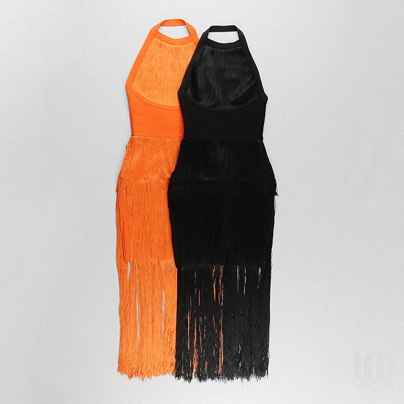 Orange Fringe Halter Midi Dress H3905