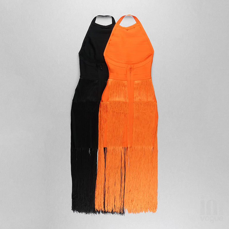 Orange Fringe Halter Midi Dress H3905