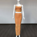 Orange Mesh Ruched Crop Top & Skirt Set H6399