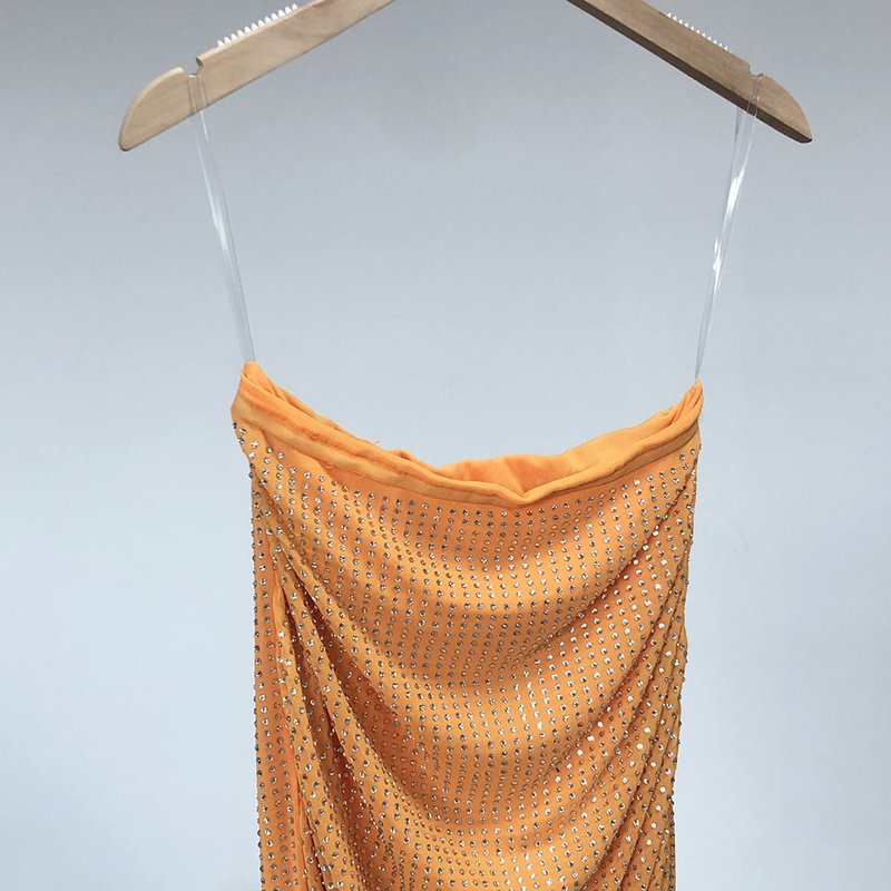 Orange Mesh Ruched Crop Top & Skirt Set H6399