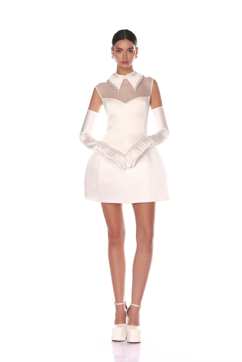 Pearl Collar Sheer Sleeve Mini Dress H6469