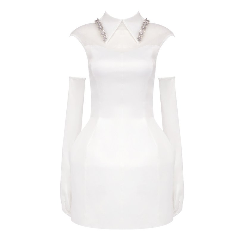 Pearl Collar Sheer Sleeve Mini Dress H6469