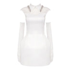 Pearl Collar Sheer Sleeve Mini Dress H6469