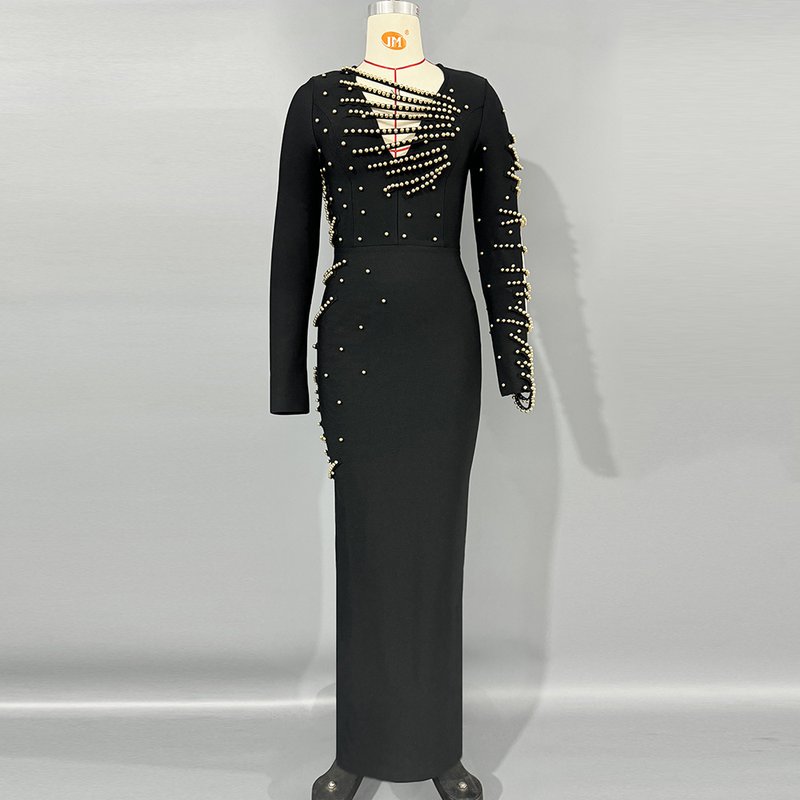 Pearl Embellished Asymmetric Maxi Dress H6794