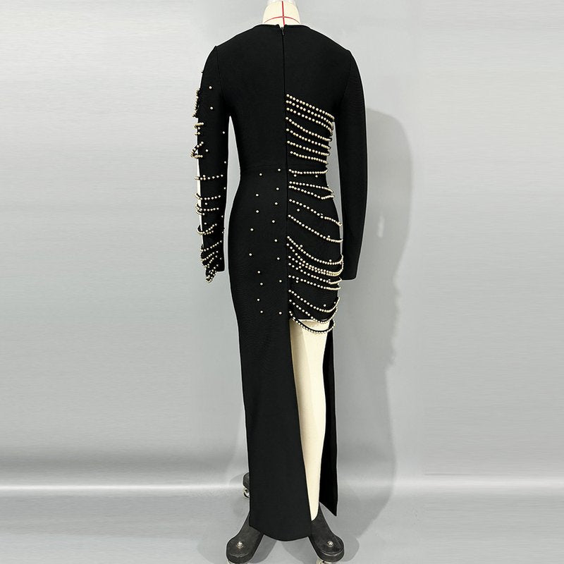 Pearl Embellished Asymmetric Maxi Dress H6794