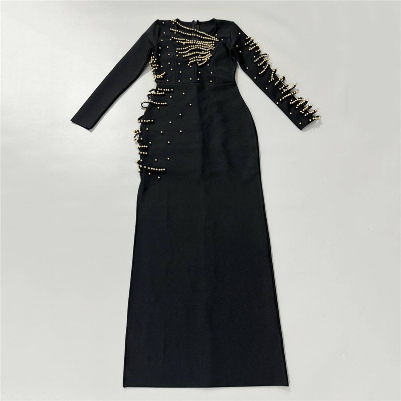 Pearl Embellished Asymmetric Maxi Dress H6794