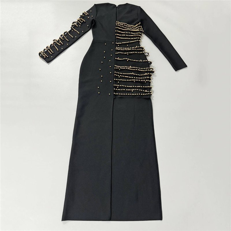 Pearl Embellished Asymmetric Maxi Dress H6794