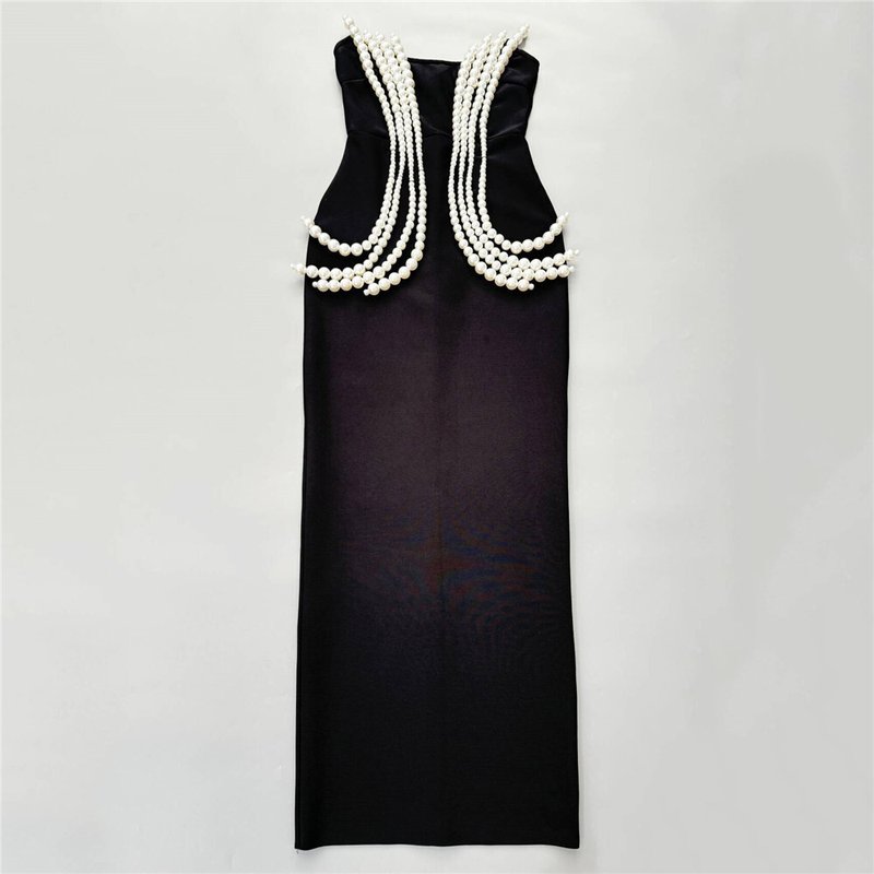 Pearl Embellished Black Mermaid Gown H6750