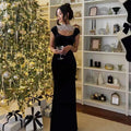 Pearl Embellished Black Velvet Gown H6798