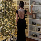 Pearl Embellished Black Velvet Gown H6798