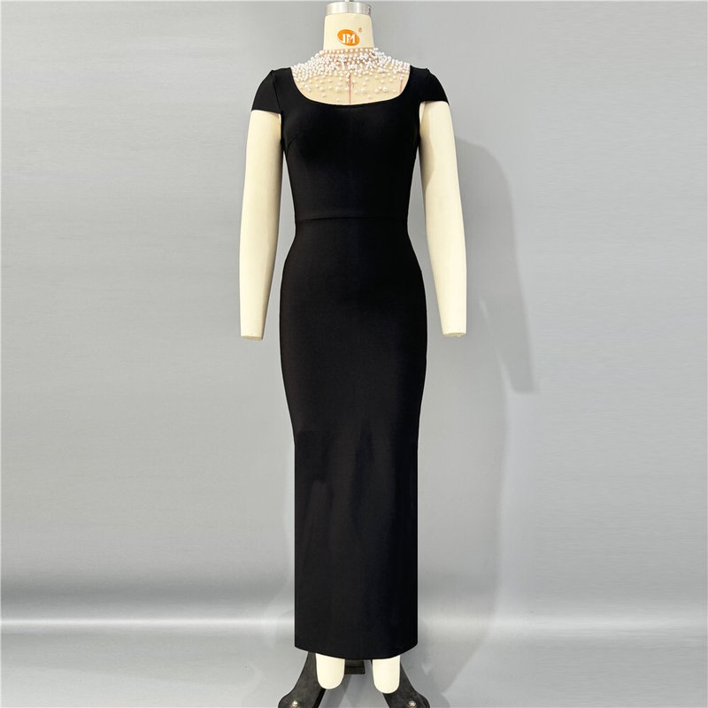 Pearl Embellished Black Velvet Gown H6798