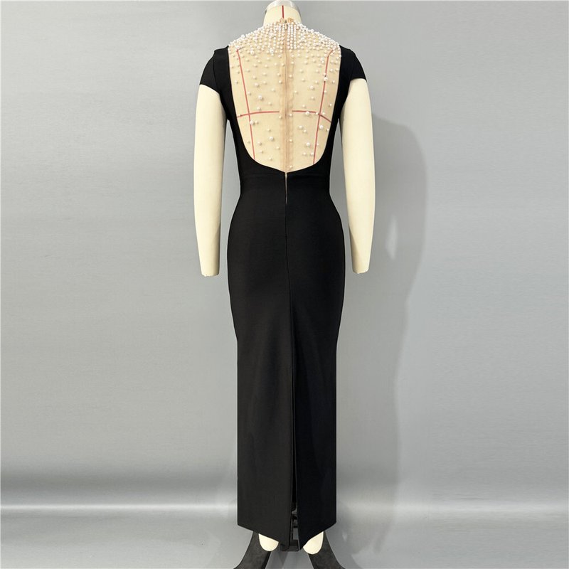 Pearl Embellished Black Velvet Gown H6798