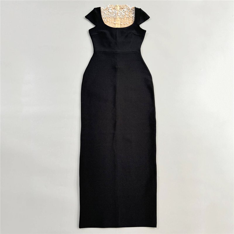 Pearl Embellished Black Velvet Gown H6798