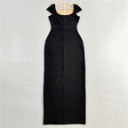 Pearl Embellished Black Velvet Gown H6798