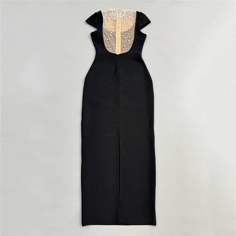 Pearl Embellished Black Velvet Gown H6798