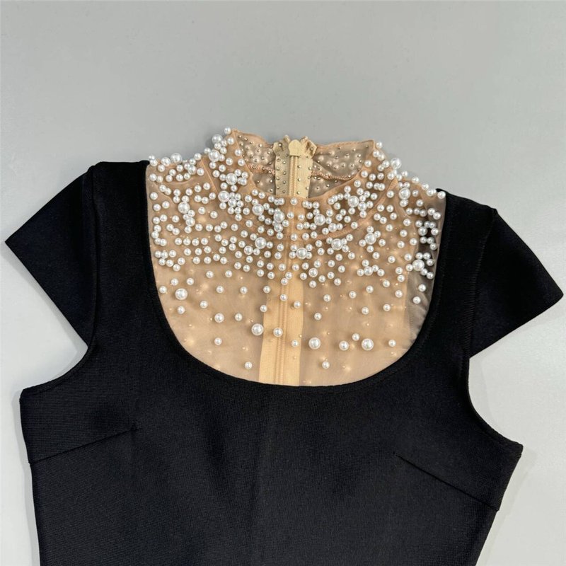 Pearl Embellished Black Velvet Gown H6798