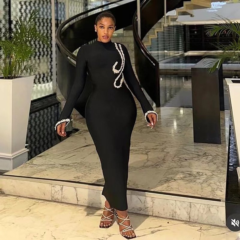Pearl Embellished Long Sleeve Midi Dress H6536
