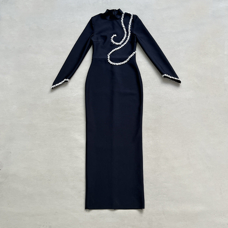Pearl Embellished Long Sleeve Midi Dress H6536