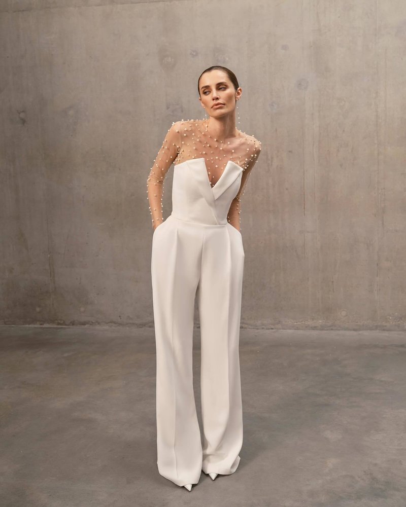 Pearl Embellished Sleeve White Jumpsuit H6308