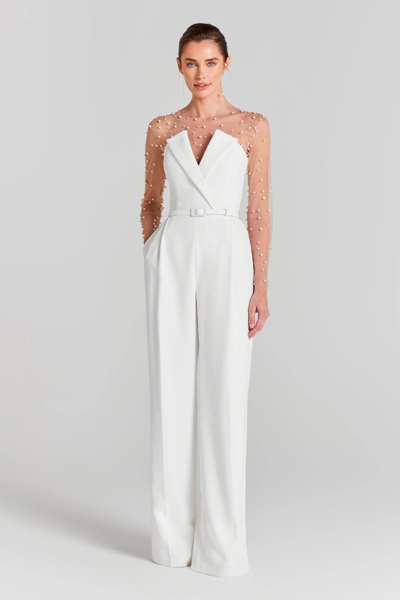 Pearl Embellished Sleeve White Jumpsuit H6308
