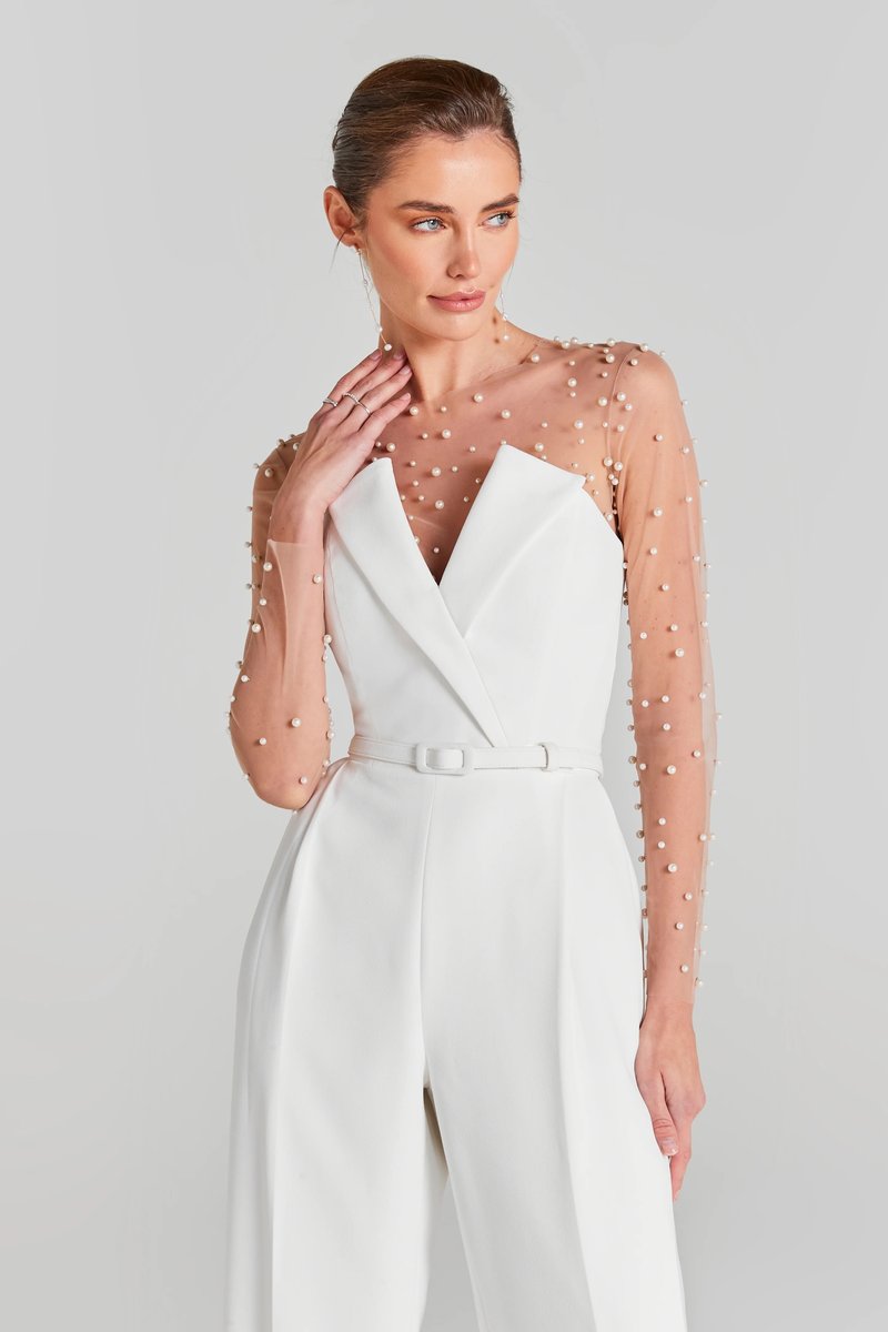 Pearl Embellished Sleeve White Jumpsuit H6308