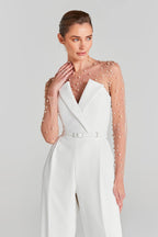 Pearl Embellished Sleeve White Jumpsuit H6308