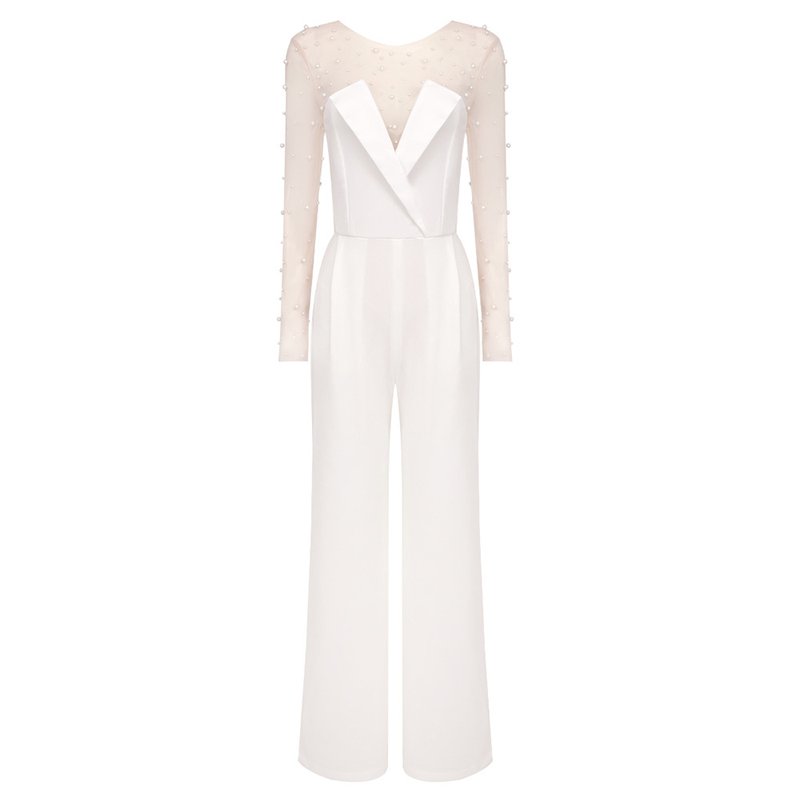 Pearl Embellished Sleeve White Jumpsuit H6308