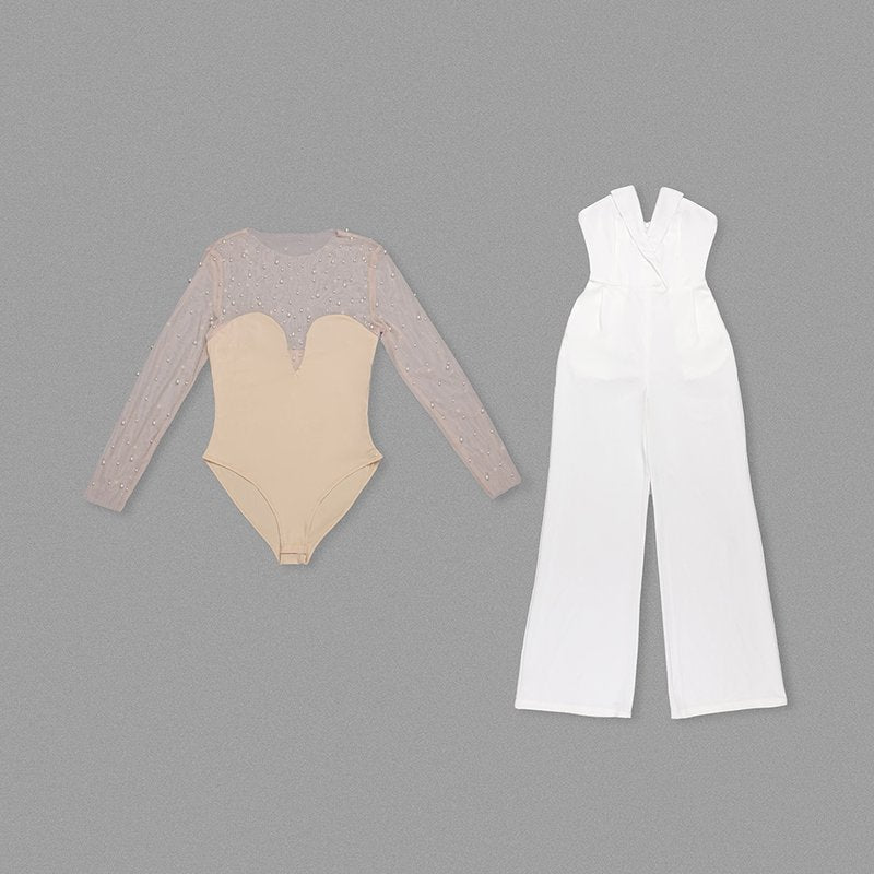 Pearl Embellished Sleeve White Jumpsuit H6308